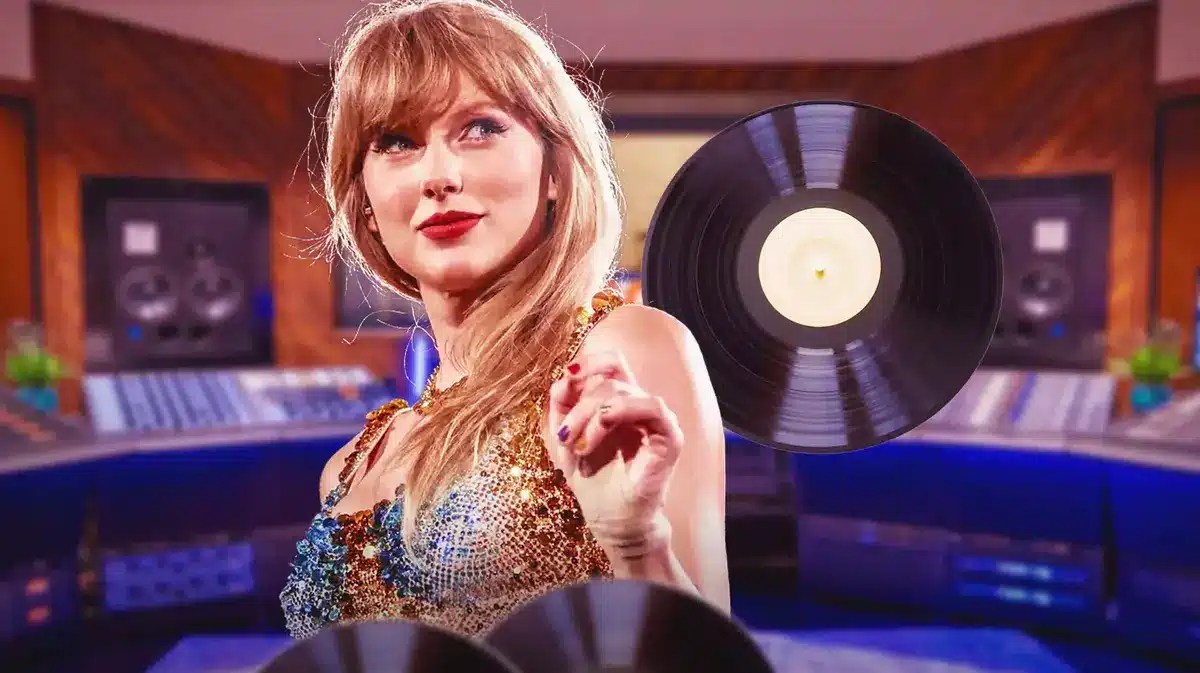 Taylor Swift in front of vinyl record.