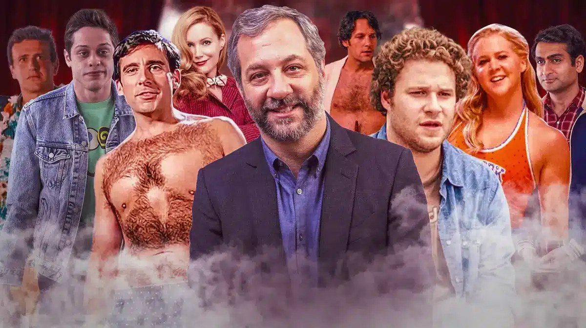 A collage of pics of characters from Judd Apatow-produced movies. Seth Rogen in Knocked Up, Steve Carrell in The 40 Year Old Virgin, Jason Segal in Forgetting Sarah Marshall, Paul Rudd and Leslie Mann in This is 40, Amy Schumer in Trainwreck, Kumail Nanjiani in The Big Sick, Pete Davidson in The King of Staten Island (with Judd Apatow’s pic in the middle)