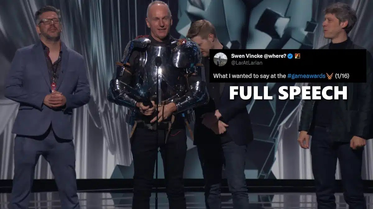 swen vincke tga 2023, swen vincke tga speech, swen vincke speech, swen vincke, larian studios ceo, a screenshot of larian studios swen vincke during TGA 2023 with a screenshot of his recent tweet and the words full speech under it