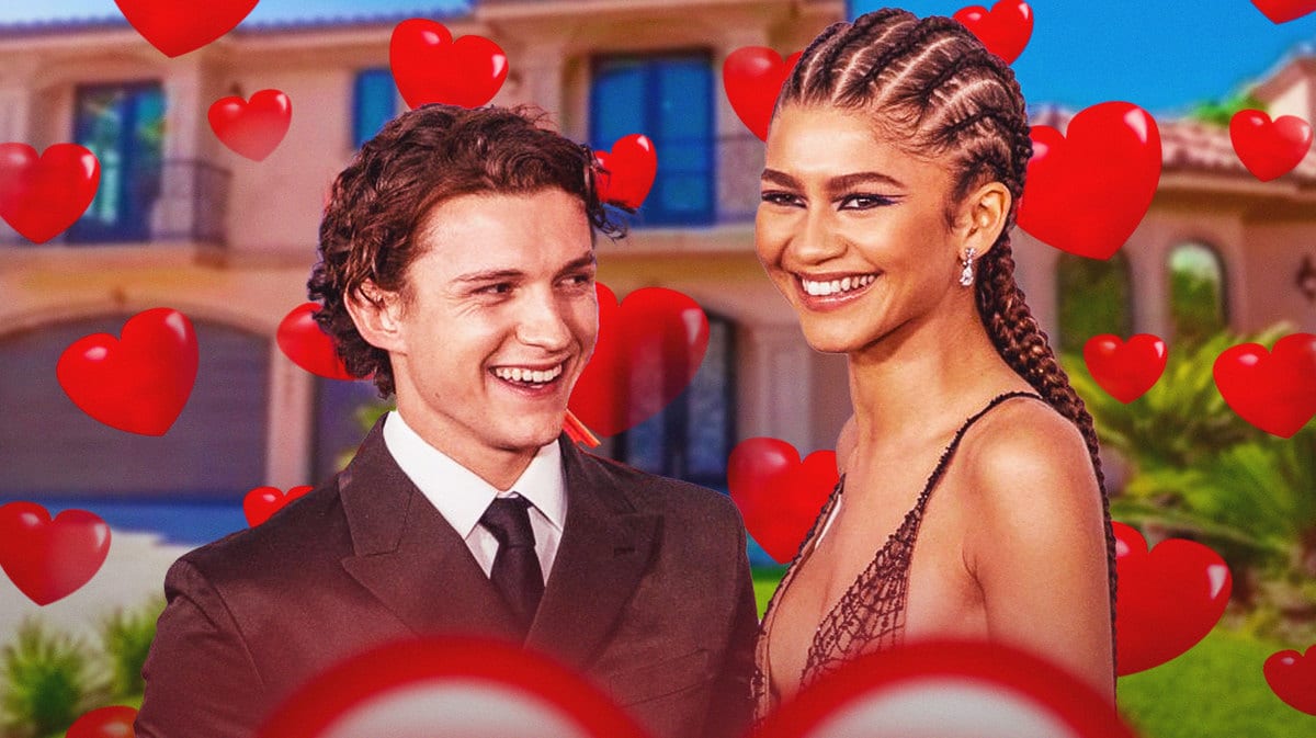 Tom Holland and Zendaya with hearts around them