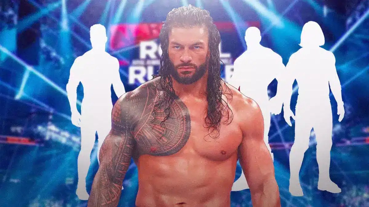 WWE superstar Roman Reigns in the middle surrounded by silhouettes of LA Knight, Randy Orton, and AJ Styles with the Royal Rumble logo in the background.