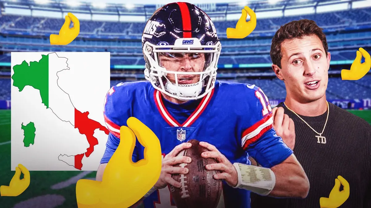 Image of NY Giants QB Tommy DeVito front and center. In the background, please include an image of DeVito when younger wearing his “TD chain” (see here please) on one side and a cartoon map of Italy on the other side (something like this please) and please surround the whole image with large pinched finger emojis 🤌
