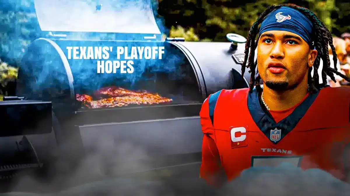 Houston Texans' C.J. Stroud next to a BBQ smoker grill that is open so you can see the grill inside (reference here) and please put the words “Texans' Playoff Hopes” on the grill with smoke coming off, so it looks like their playoff odds are literally being cooked.