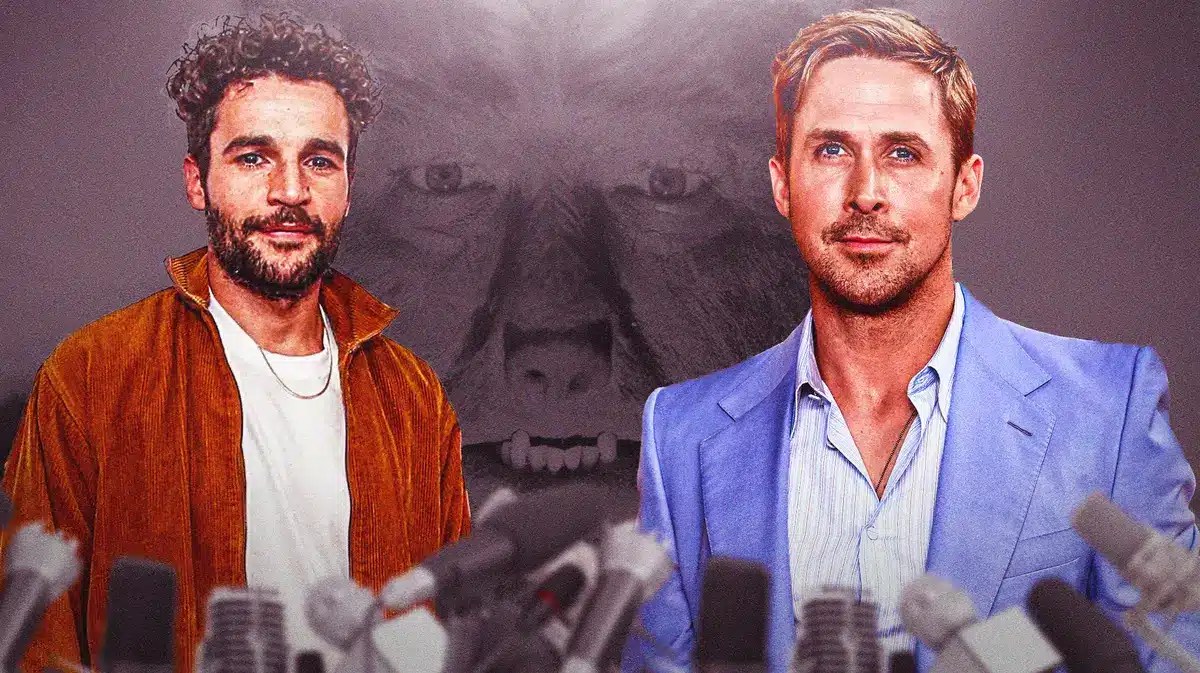 Ryan Gosling and Christopher Abbott with Wolf Man in the background.