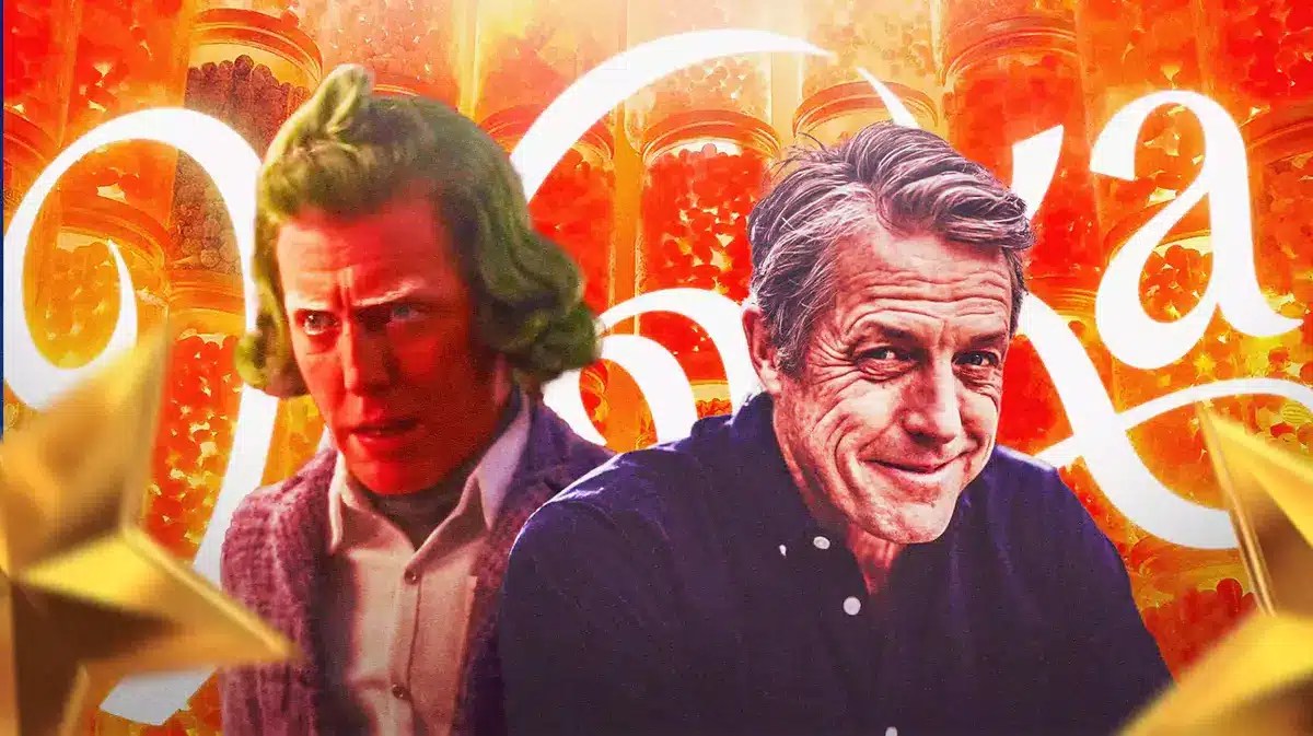 Wonka poster with Oompa Loomp and Hugh Grant.