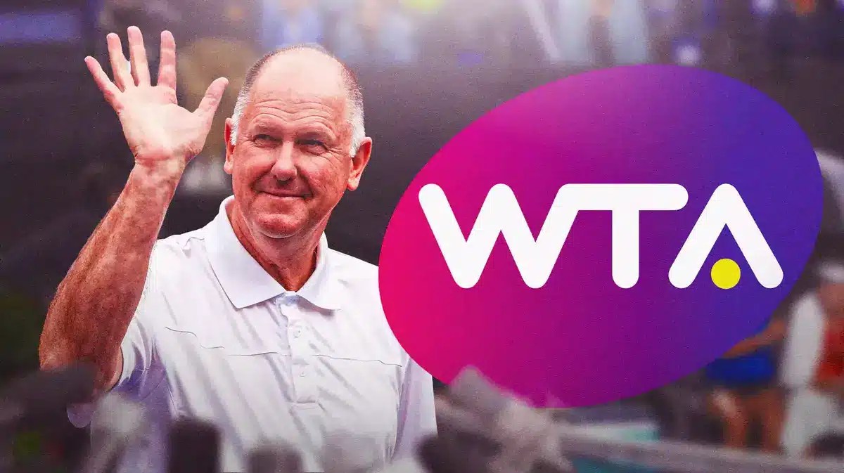 former Women’s Tennis Association Steve Simon and the WTA logo