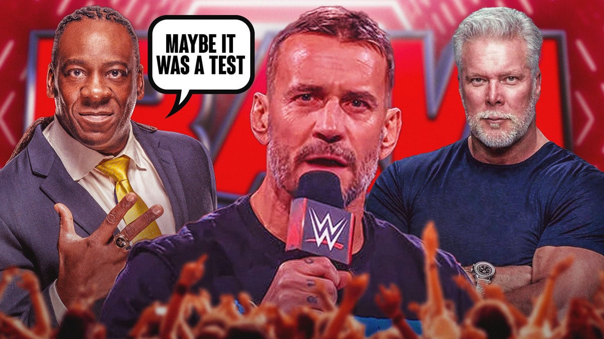 Booker T on the left with a text bubble reading “Maybe it was a test” CM Punk in the middle holding a microphone, and Kevin Nash on the right with the RAW logo as the background.
