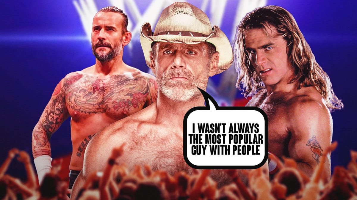 Shawn Michaels (2023) with a text bubble reading “I wasn't always the most popular guy with people” next to CM Punk and 1996 Shawn Michaels with the WWE logo as the background.
