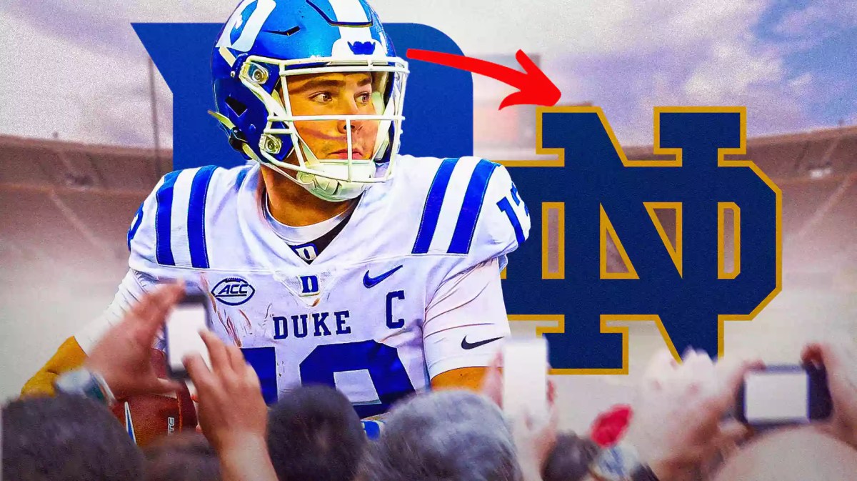 Notre Dame football, Duke football, Blue Devils, Fighting Irish, Riley Leonard, Riley Leonard in Duke uni with Duke logo and an arrow pointing to Notre Dame logo with Notre Dame football stadium in the background