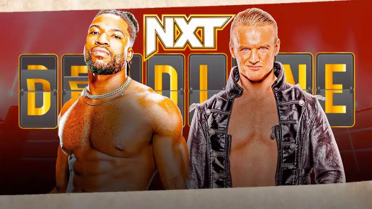 Trick Williams and Ilja Dragunov with the 2023 NXT Deadl1ne logo as the background.