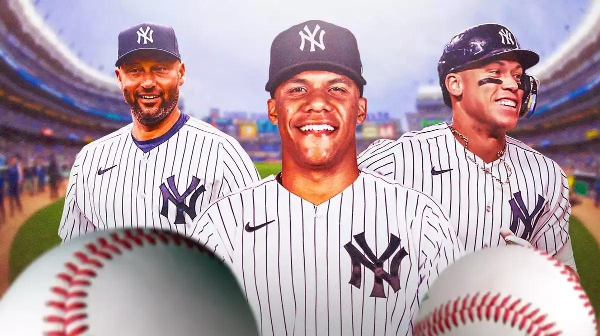 Yankees' Derek Jeter (Yankees uniform), Yankees' Aaron Judge, Yankees' Juan Soto all together.