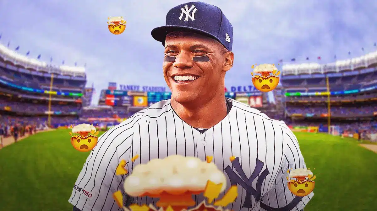 Juan Soto in Yankees jersey, with several mind-blown emojis in the background