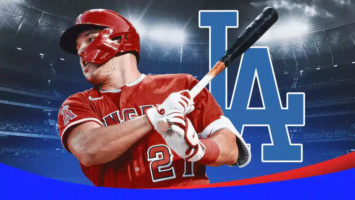 Angels' Mike Trout swinging a baseball bat next to the Dodgers' logo.