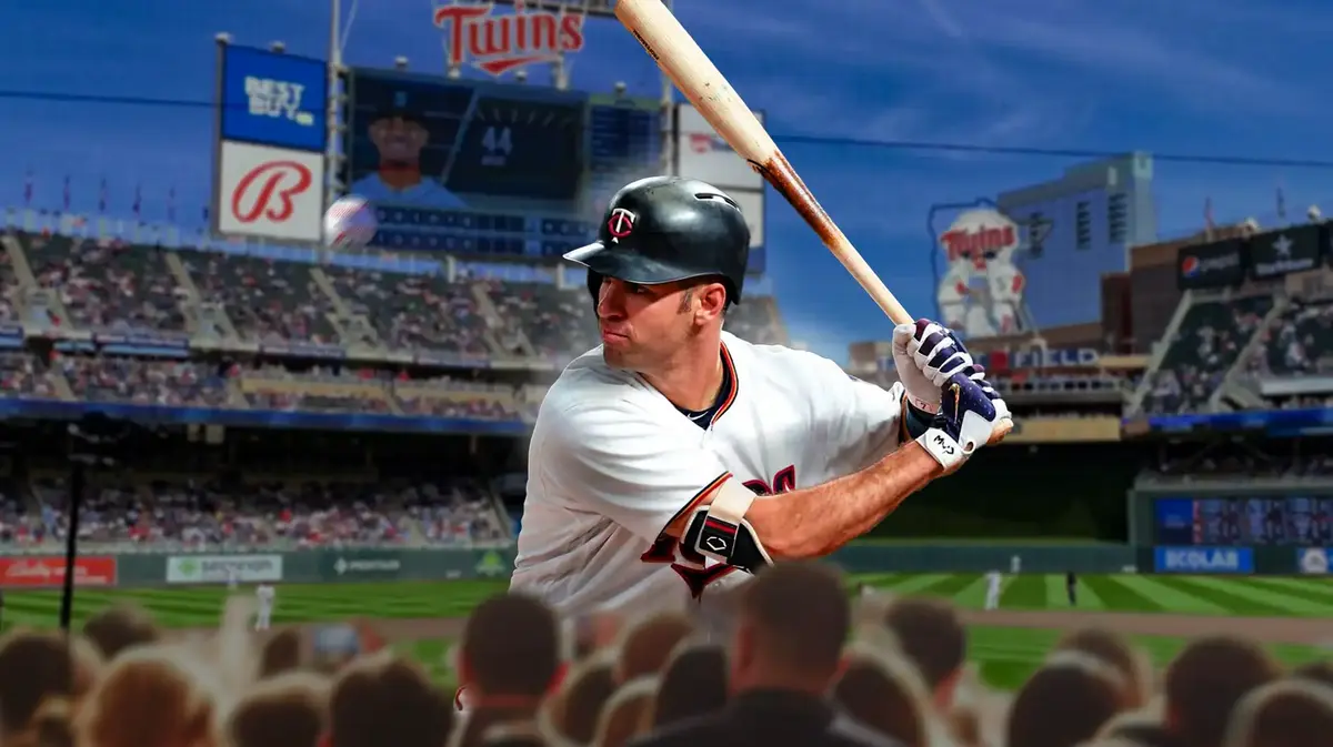 Twins' Joe Mauer swinging a baseball bat.