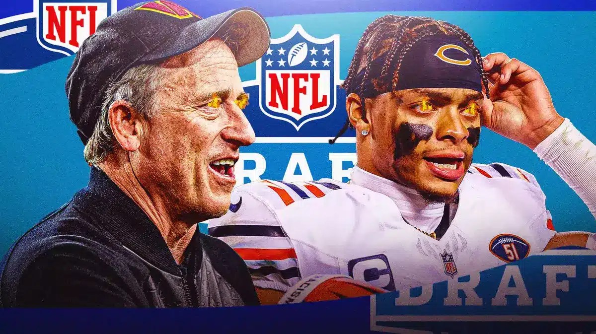 Bears' Justin Fields and Commanders owner Josh Harris with fire in their eyes. NFL Draft logo in the background
