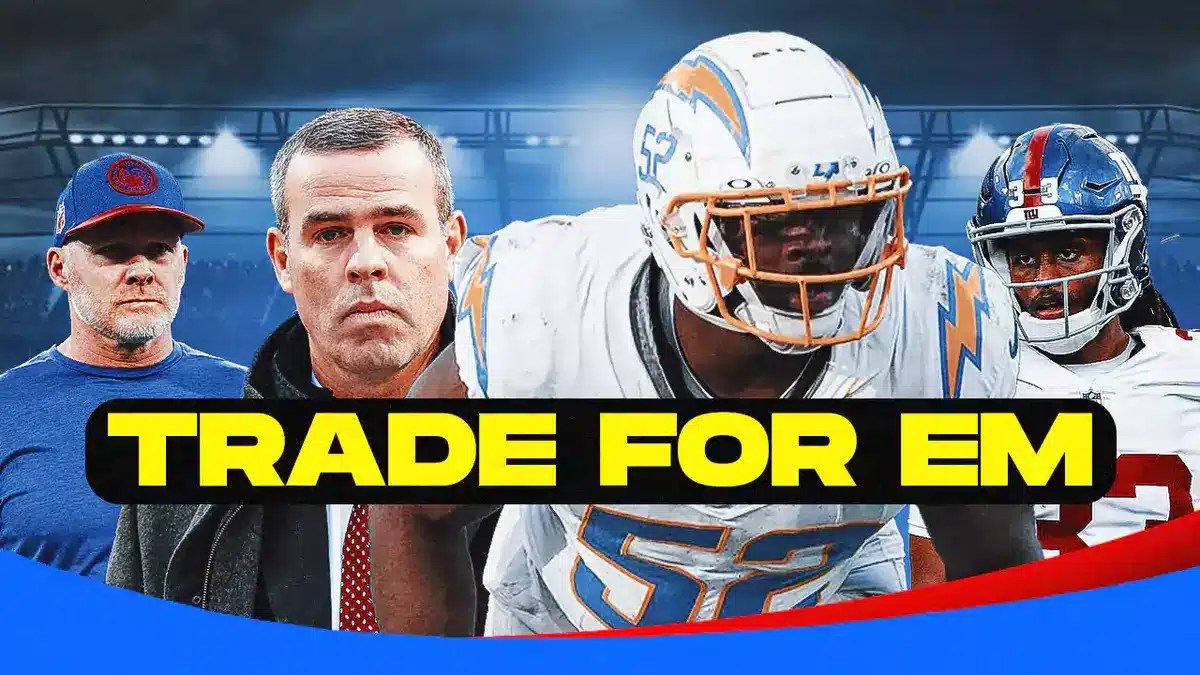 GM Brandon Beane, Khalil Mack, Aaron Robinson all beside each other, and Buffalo Bills wallpaper in the background.