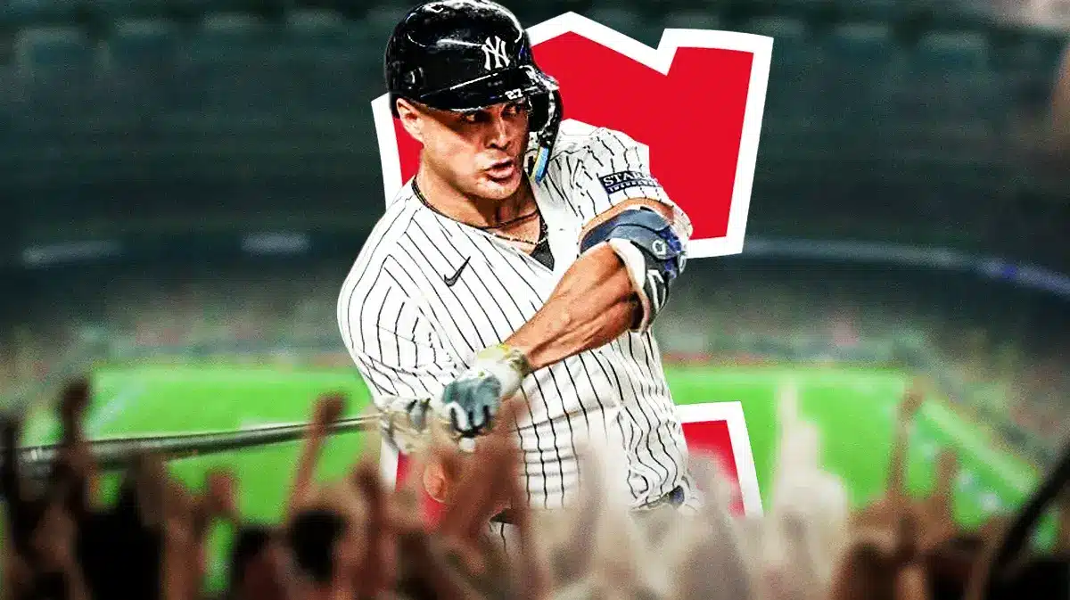 Yankees' Giancarlo Stanton swinging a baseball bat next to the Guardians' logo.