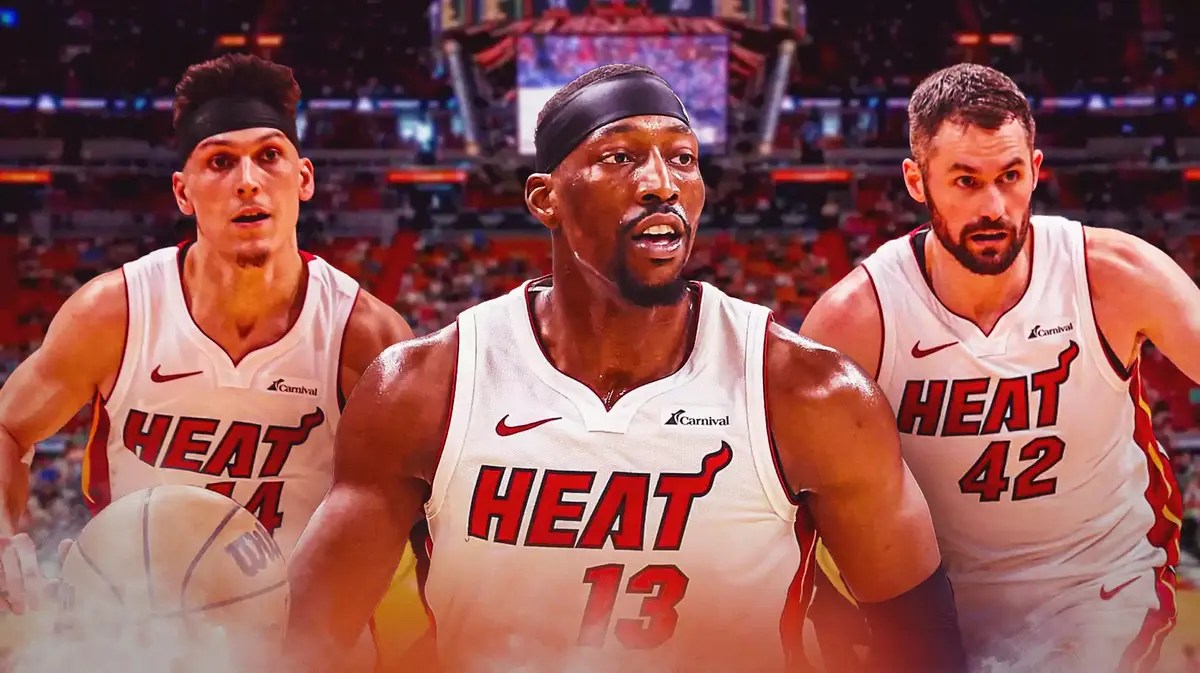 Miami Heat stars Bam Adebayo, Tyler Herro, and Kevin Love in front of the Kaseya Center.