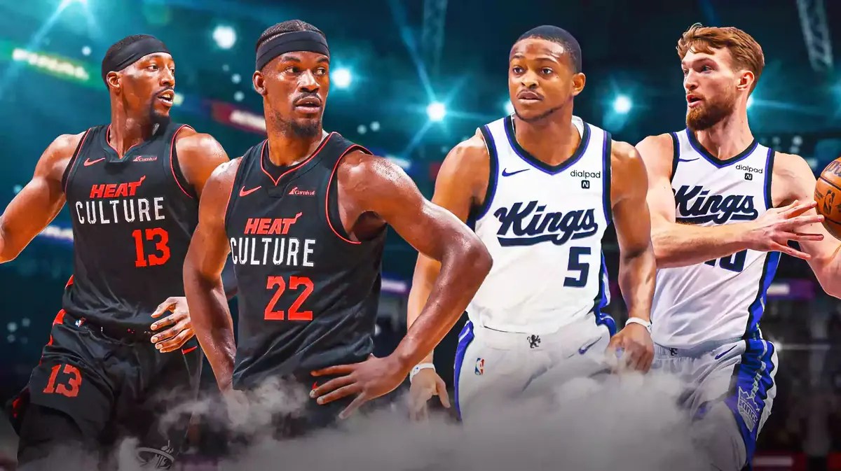 Miami Heat stars Jimmy Butler, Bam Adebayo next to Sacramento Kings stars De'Aaron Fox and Domantas Sabonis.