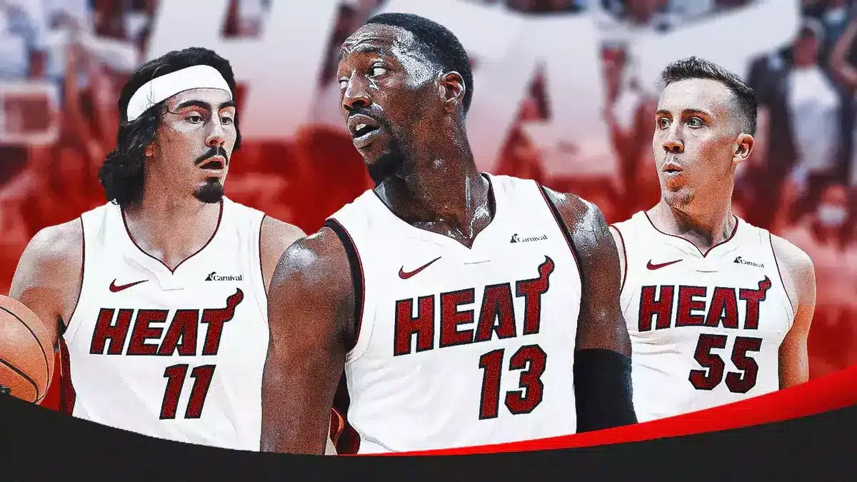 Miami Heat stars Bam Adebayo, Jaime Jaquez Jr., and Duncan Robinson in front of the Kaseya Center.