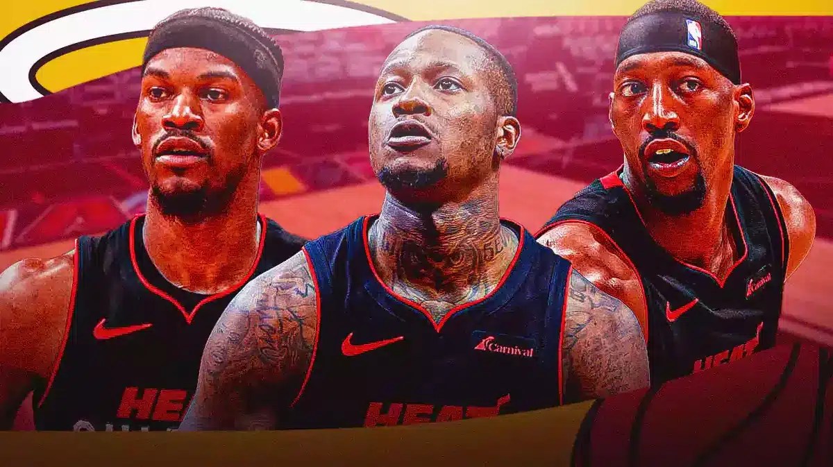 Miami Heat stars Terry Rozier, Jimmy Butler, and Bam Adebayo in front of the Kaseya Center.