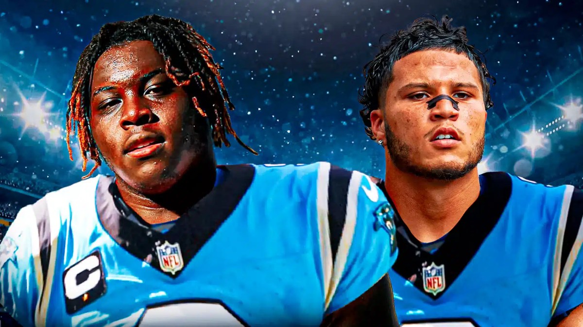 Amarius Mims and Blake Corum in Panthers jerseys