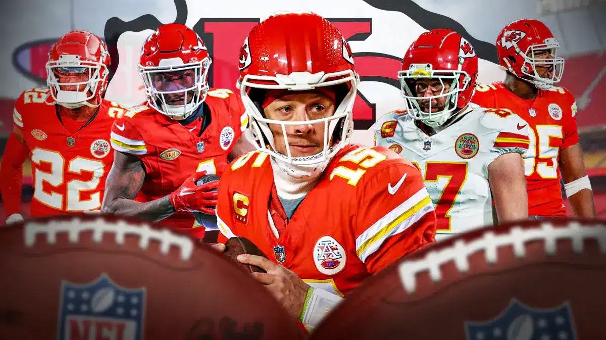 Chiefs logo, Patrick Mahomes, Travis Kelce, Chris Jones, Rashee Rice, Trent McDuffie