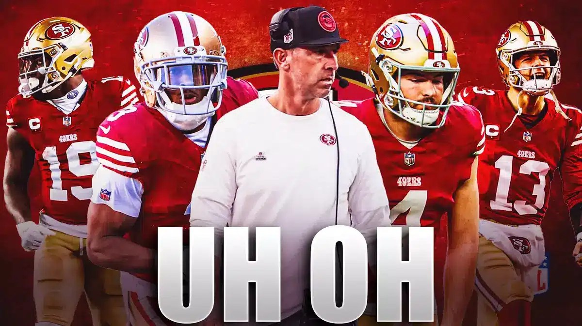 Deebo Samuel, Jake Moody, Ray-Ray McCloud III, Brock Purdy, Kyle Shanahan beside each other, and San Francisco 49ers wallpaper in the background.