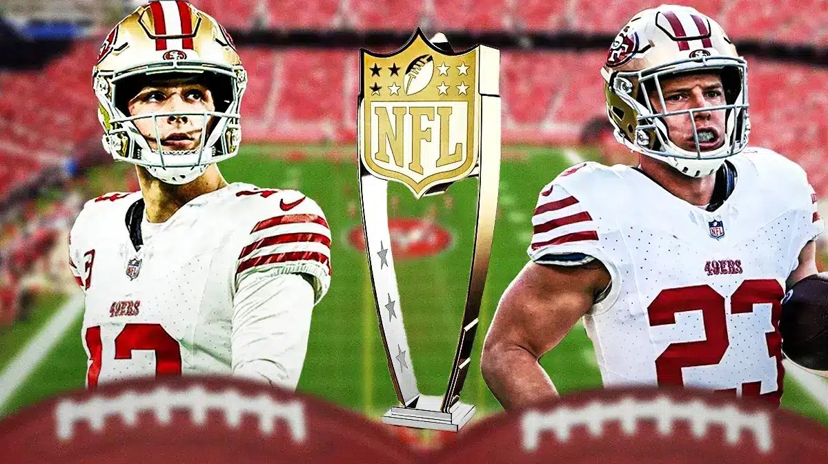 San Francisco 49ers stars Brock Purdy and Christian McCaffrey in front of Levi's Stadium.