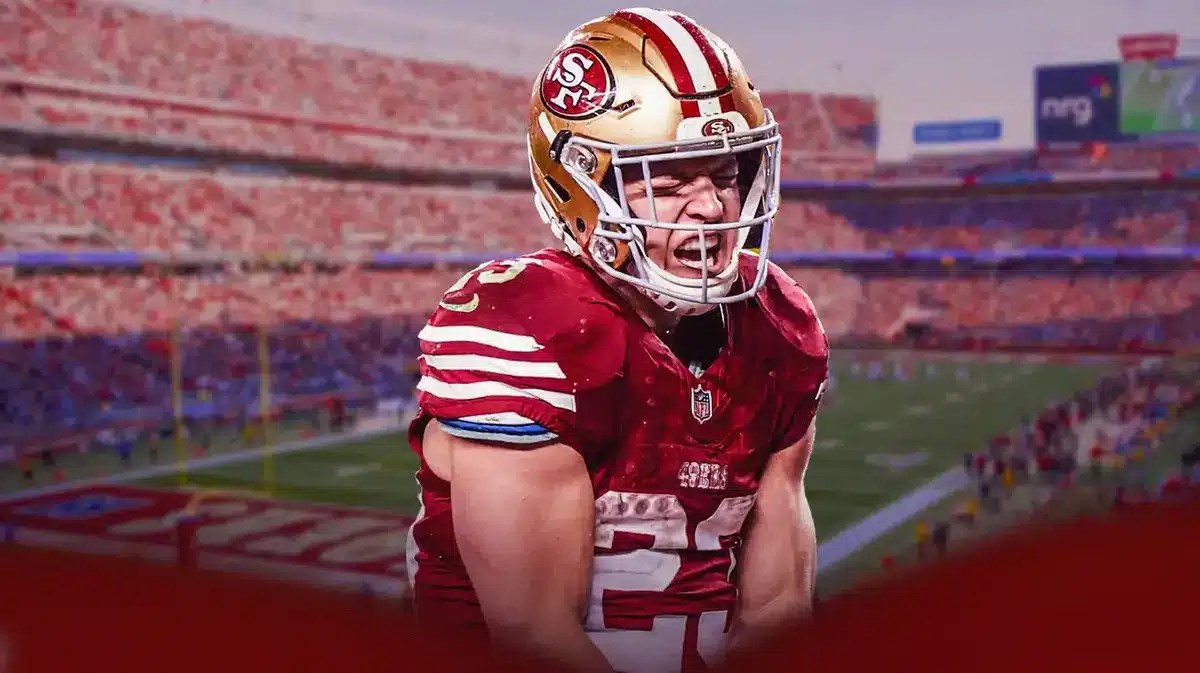Image: SF 49ers' Christian McCaffrey looking happy/celebrating.