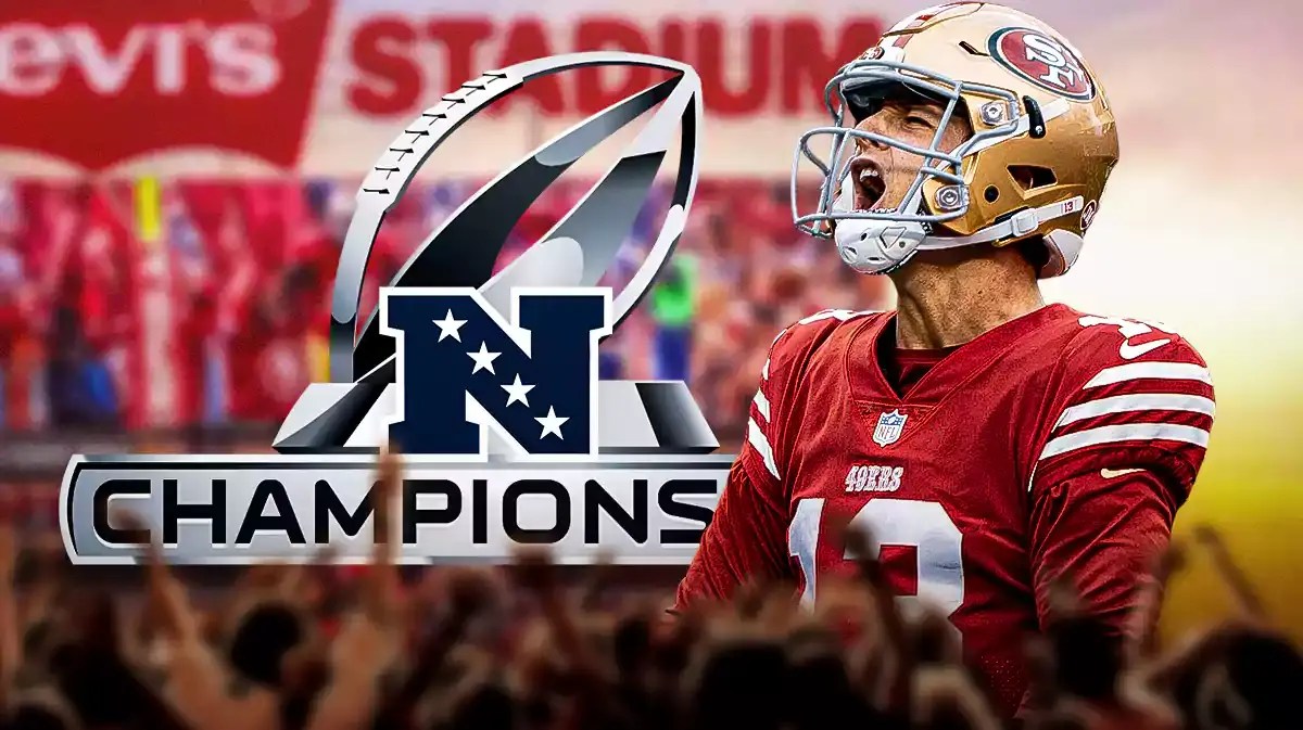 Brock Purdy in San Francisco 49ers jersey, NFC Championship logo