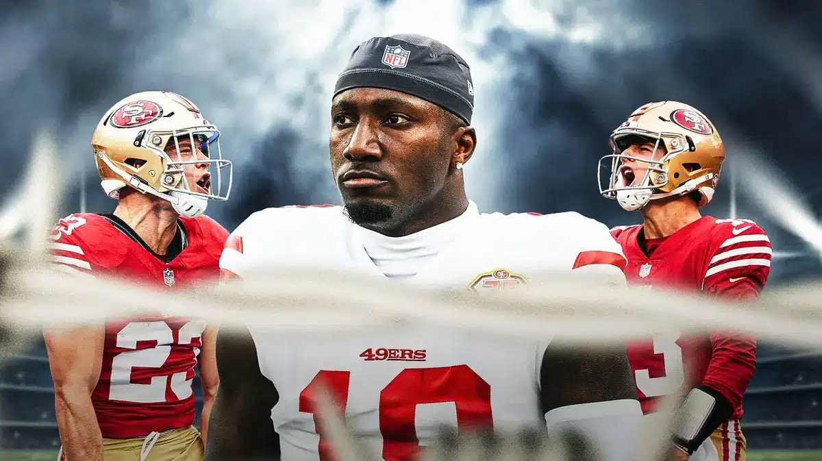 49ers WR Deebo Samuel surrounded by RB Christian McCaffrey and QB Brock Purdy