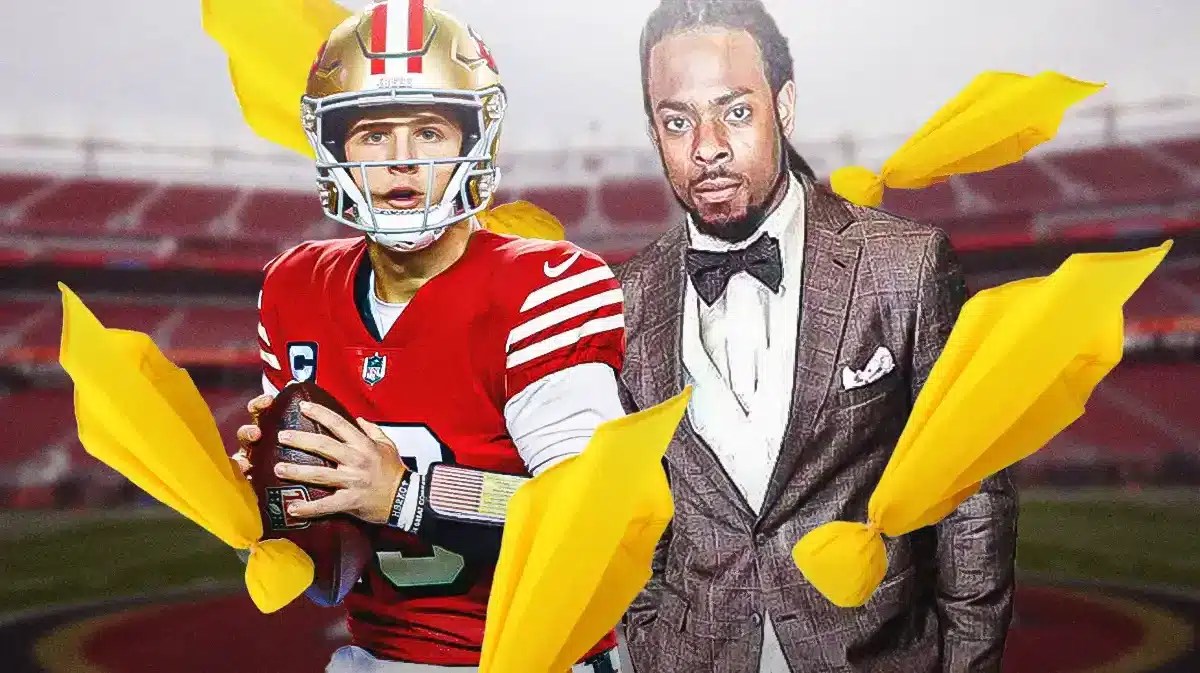 Former All-Pro NFL cornerback Richard Sherman, 49ers QB Brock Purdy, and penalty flags