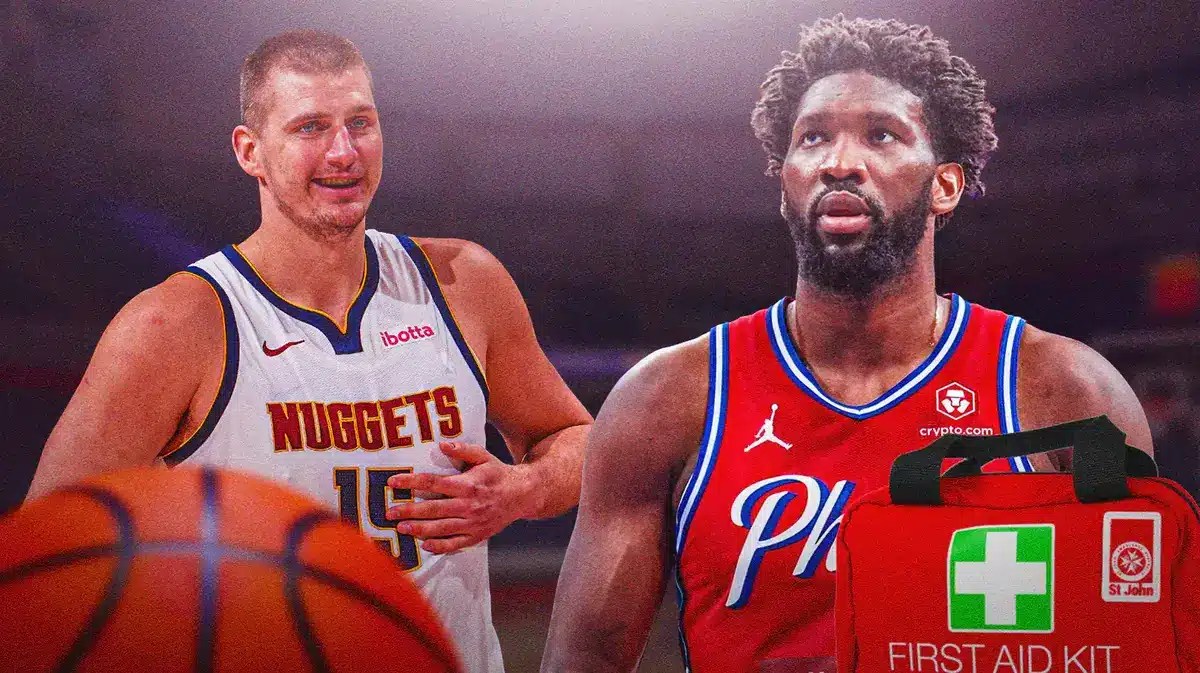 Nikola Jokic smiling next to Joel Embiid with a red medical bag
