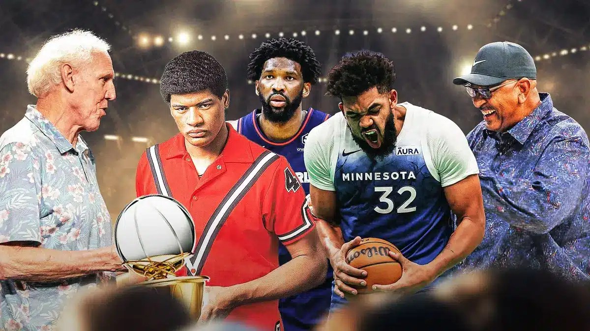 76ers' Joel Embiid and Timberwolves' Karl-Anthony Towns hyped up in the middle (with Blazers' Bill Walton hoisting the MVP, Bullets' Wes Unseld holding the Finals MVP, and Spurs' George Gervin smiling in the background)