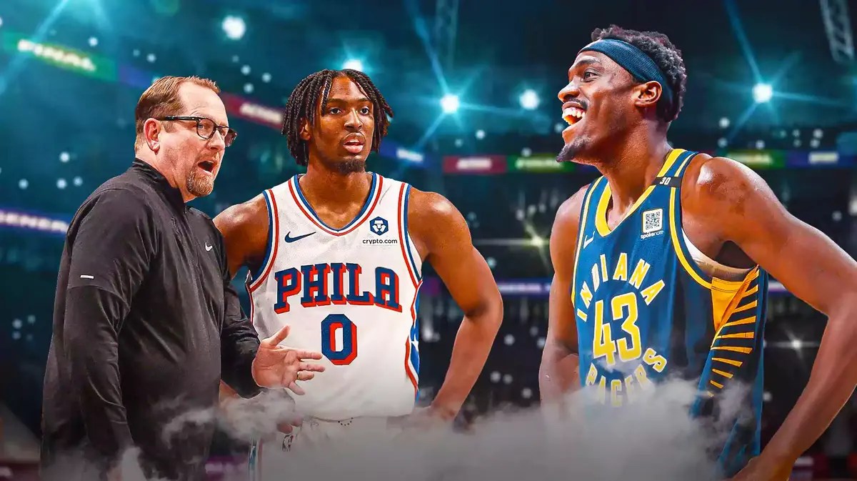 76ers' Nick Nurse and Tyrese Maxey and Pacers' Pascal Siakam