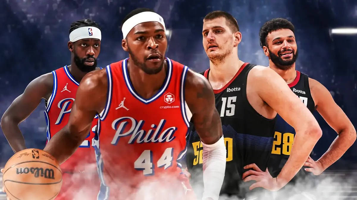 76ers' Patrick Beverley and Paul Reed and Nuggets' Nikola Jokic and Jamal Murray