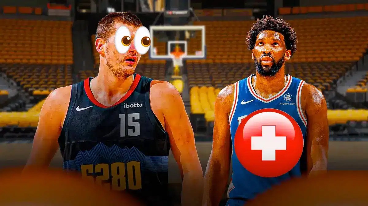 Nikola Jokic looking at Joel Embiid
