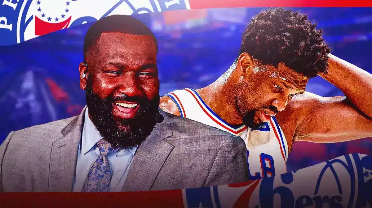 Kendrick Perkins stands next to Philly's Joel Embiid amid his knee injury, 76ers logo sits in the background