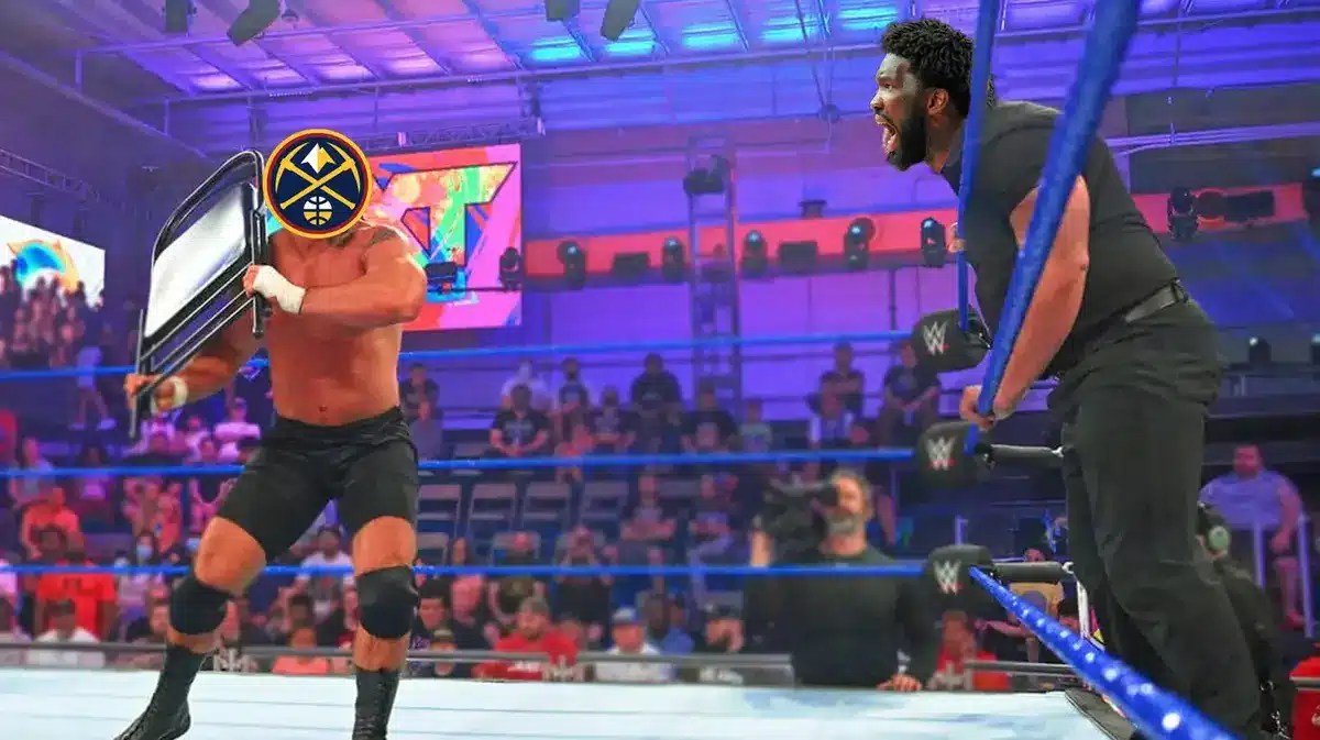 Nuggets LOGO on the face of the man with the chair, Joel Embiid (76ers) as the man in black