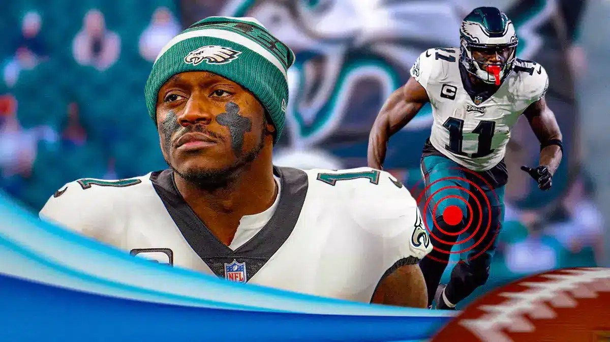 AJ Brown (Eagles) with aching red symbol on RIGHT KNEE