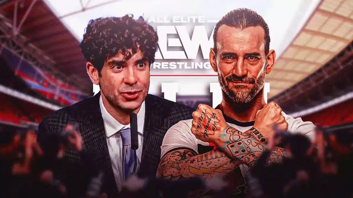 CM Punk and Tony Khan in from of the 2023 AEW All In logo with Wembley Stadium as the background.