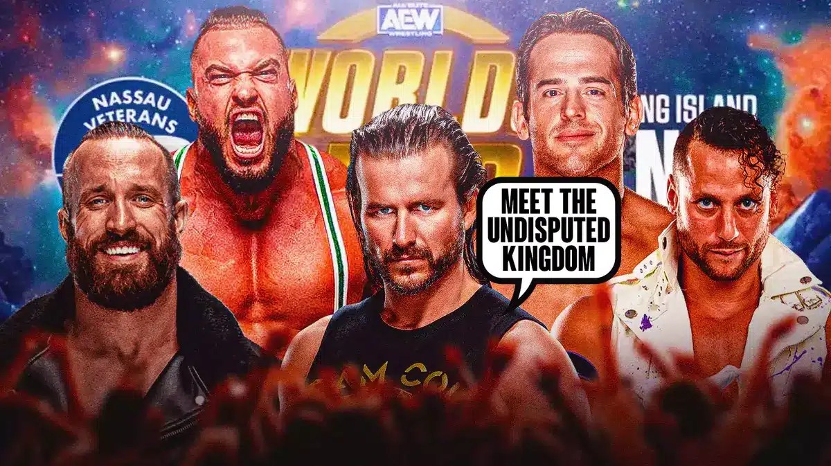 Adam Cole with a text bubble reading “Meet the Undisputed Kingdom” with Matt Taven, Rocker Strong, Mike Bennett, and Wardlow behind him and the AEW Worlds End logo as the background.