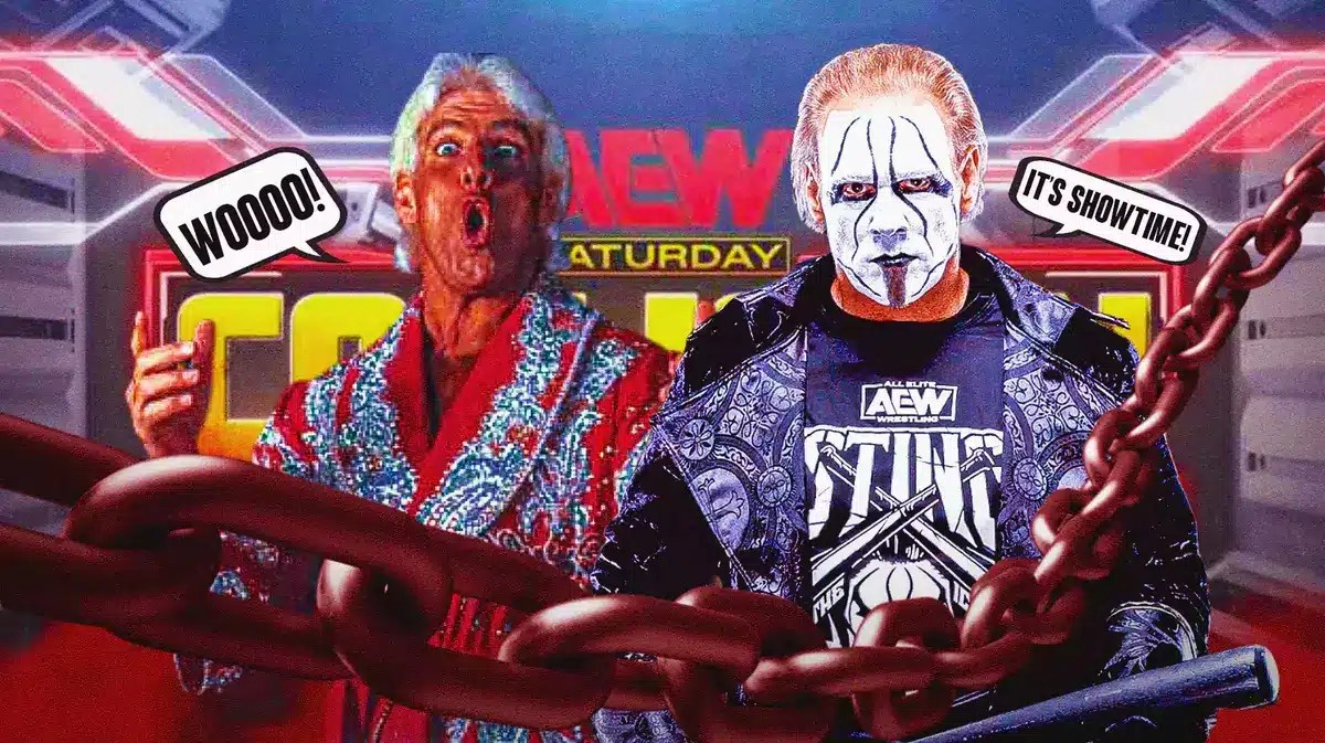 Ric Flair with a text bubble reading “Woooo!” next to Sting with a text bubble reading “It’s Showtime!” with the AEW Collision logo as the background.