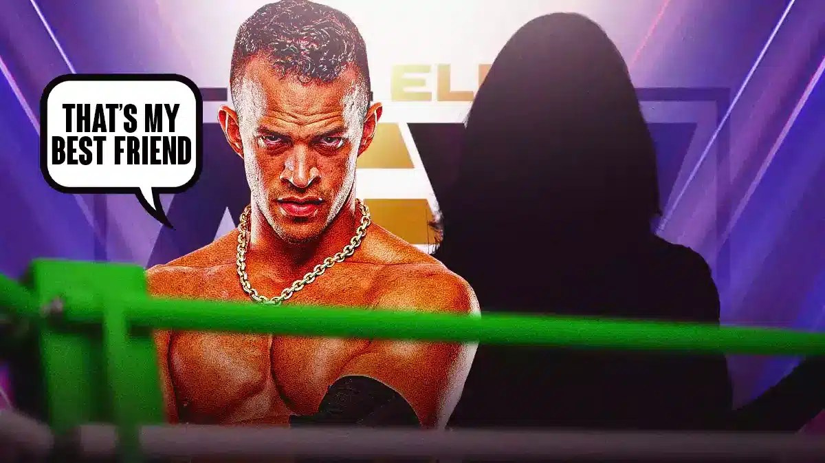 Rick Starks with a text bubble reading “That’s my best friend” next to the blacked out silhouette of Jade Cargill with the AEW logo as the background.