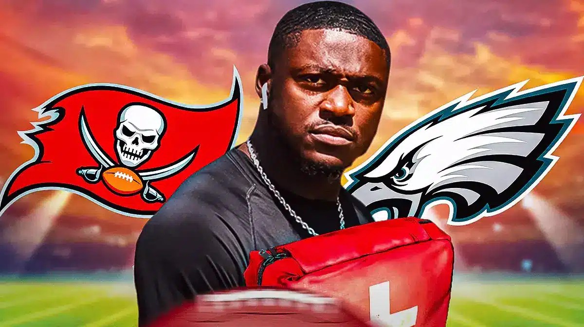 AJ Brown in middle of image, first aid kit, Eagles and Bucs logos, football field in background