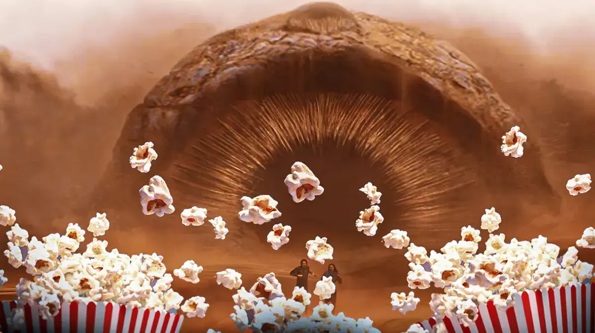 A sandworm from Dune surrounded by popcorn