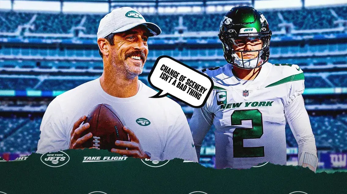 Photo: Aaron Rodgers saying to Zach Wilson “Change of scenery isn’t a bad thing” have both in Jets jerseys