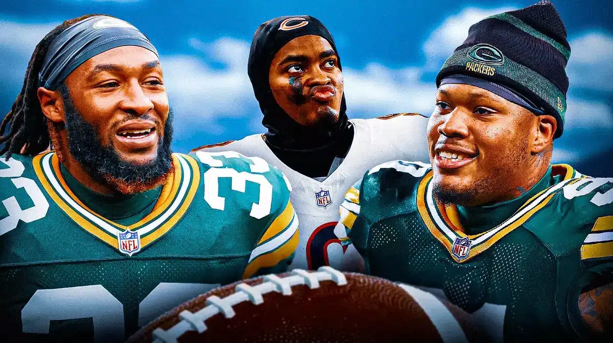 Photo: Aaron Jones and Preston Smith in Packers uniform laughing, with Jaquan Brisker in Bears uniform mad.