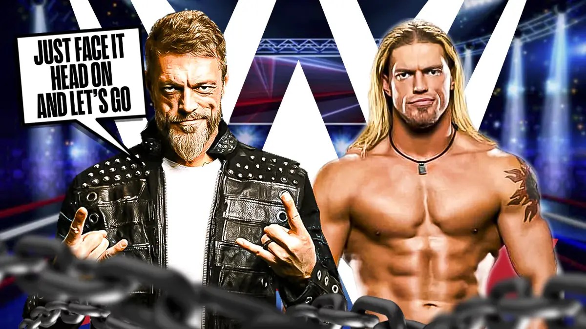 2023 Adam Copeland with a text bubble reading “Just face it head on and let’s go“ next to 2005 Edge with the original WWE logo as the background.